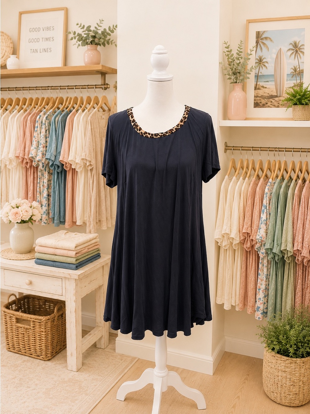 Umgee Navy Leopard Print Swing Dress Medium NWT Modal Short Sleeve